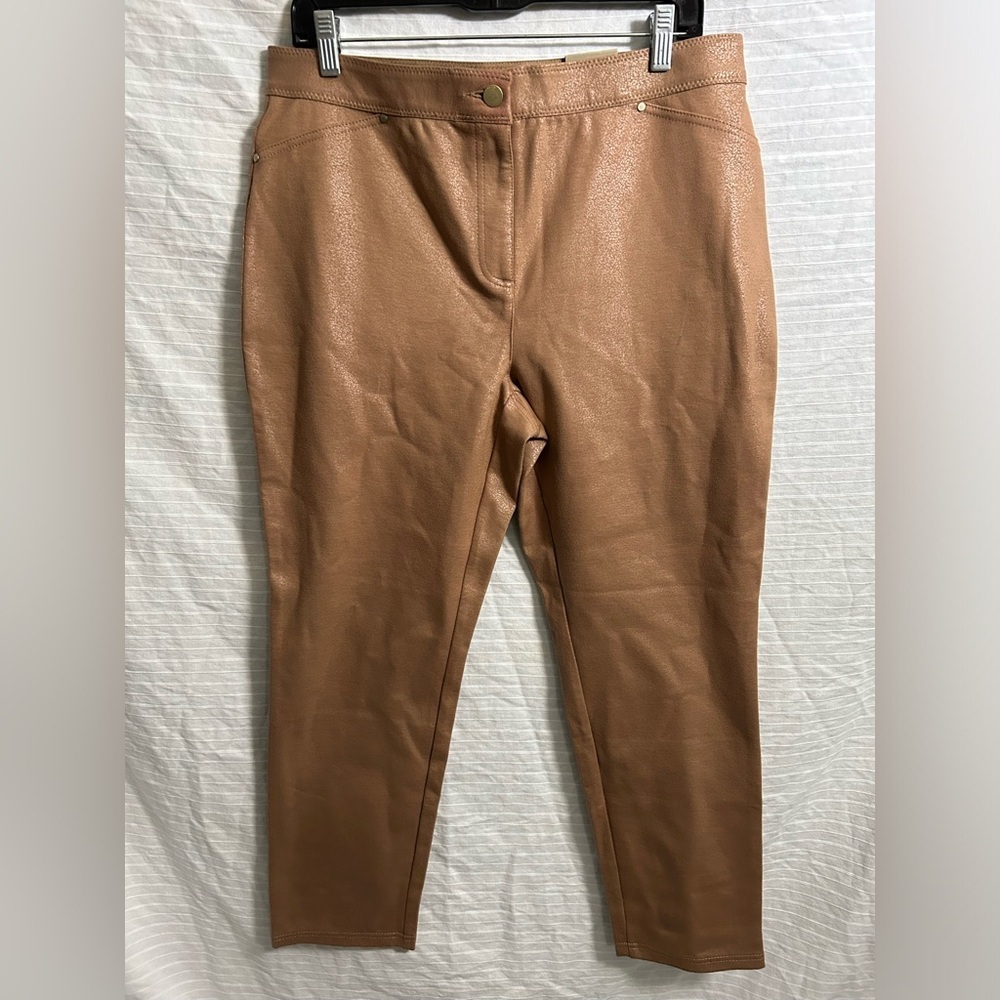 CHICO'S Women's Foiled Ponte Faux Pocket Cinnamon Dolce Brown Ankle Pants Sz 1.5